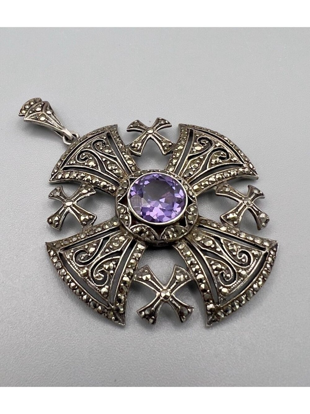 Vintage Jerusalem Cross Crusaders Silver Marcasite Purple Stone Pendant - Picture 2 of 8